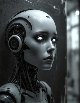 The primary subject of the image is a robotic head with a tear in its eye. The robotic head is the main focus of the image, and it is set against a dark background. The visual style of the image is digital art, as it appears to be a digital rendering of a robotic head. The colors and mood of the image are dark and moody, with the robotic head being the main source of light and contrast.